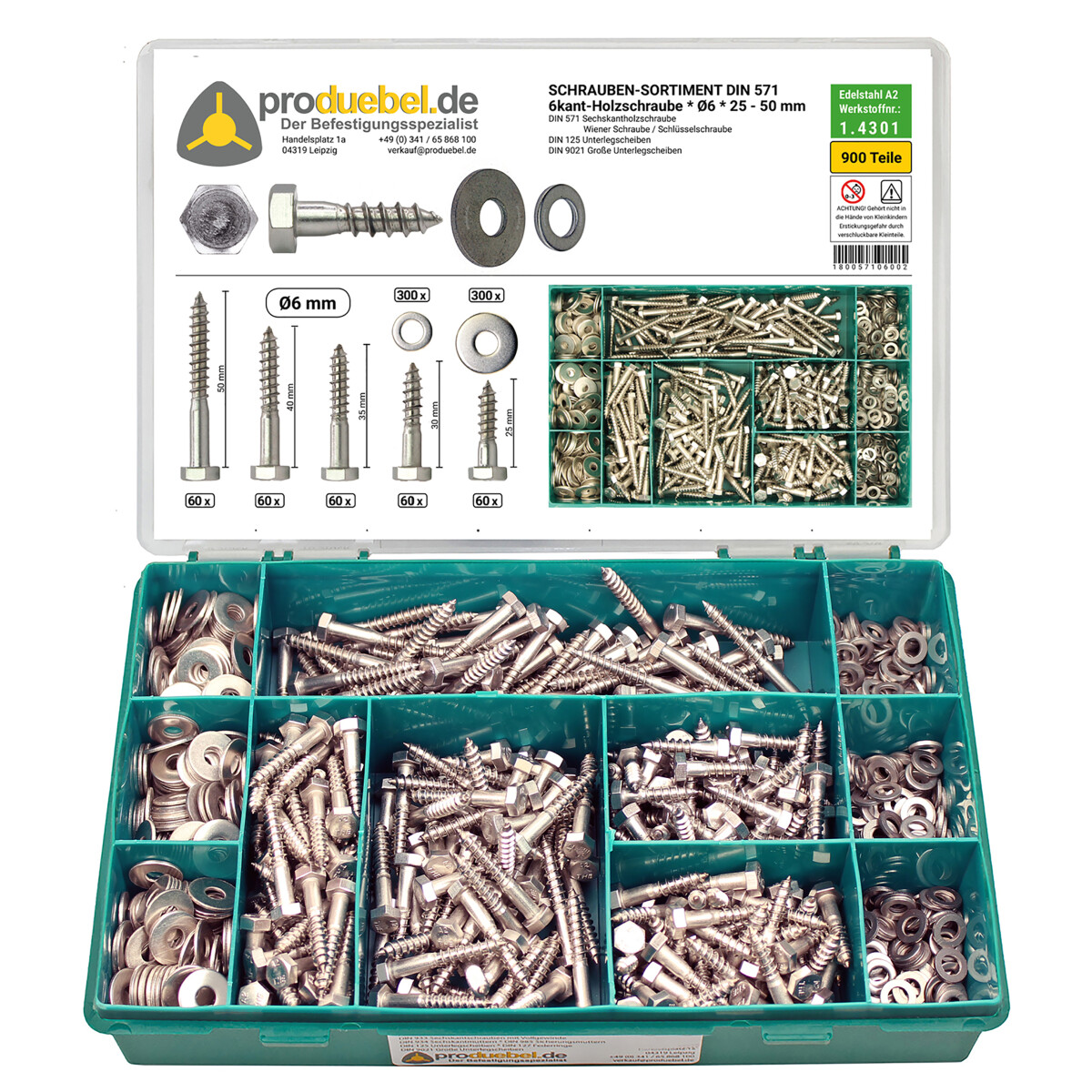 DIN 571 Holzschrauben-Sortiment Edelstahl A2 V2A Ø...