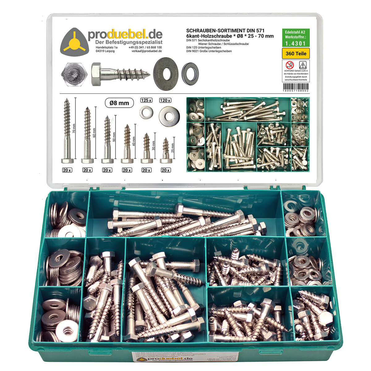 DIN 571 Holzschrauben-Sortiment Edelstahl A2 V2A Ø...