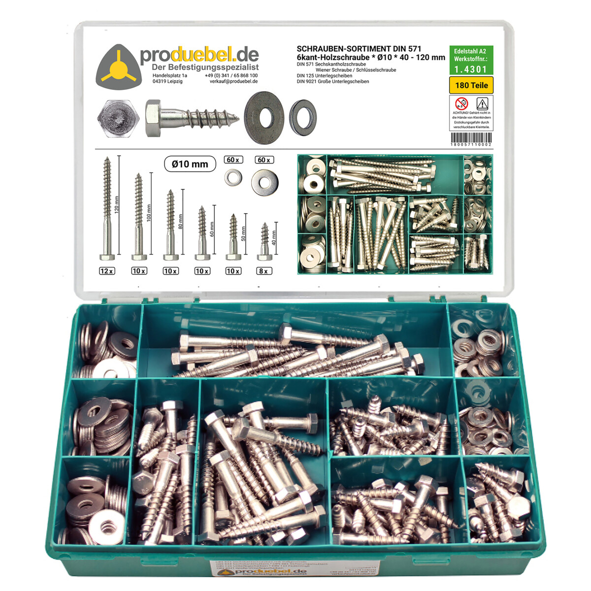 DIN 571 Holzschrauben-Sortiment Edelstahl A2 V2A Ø...